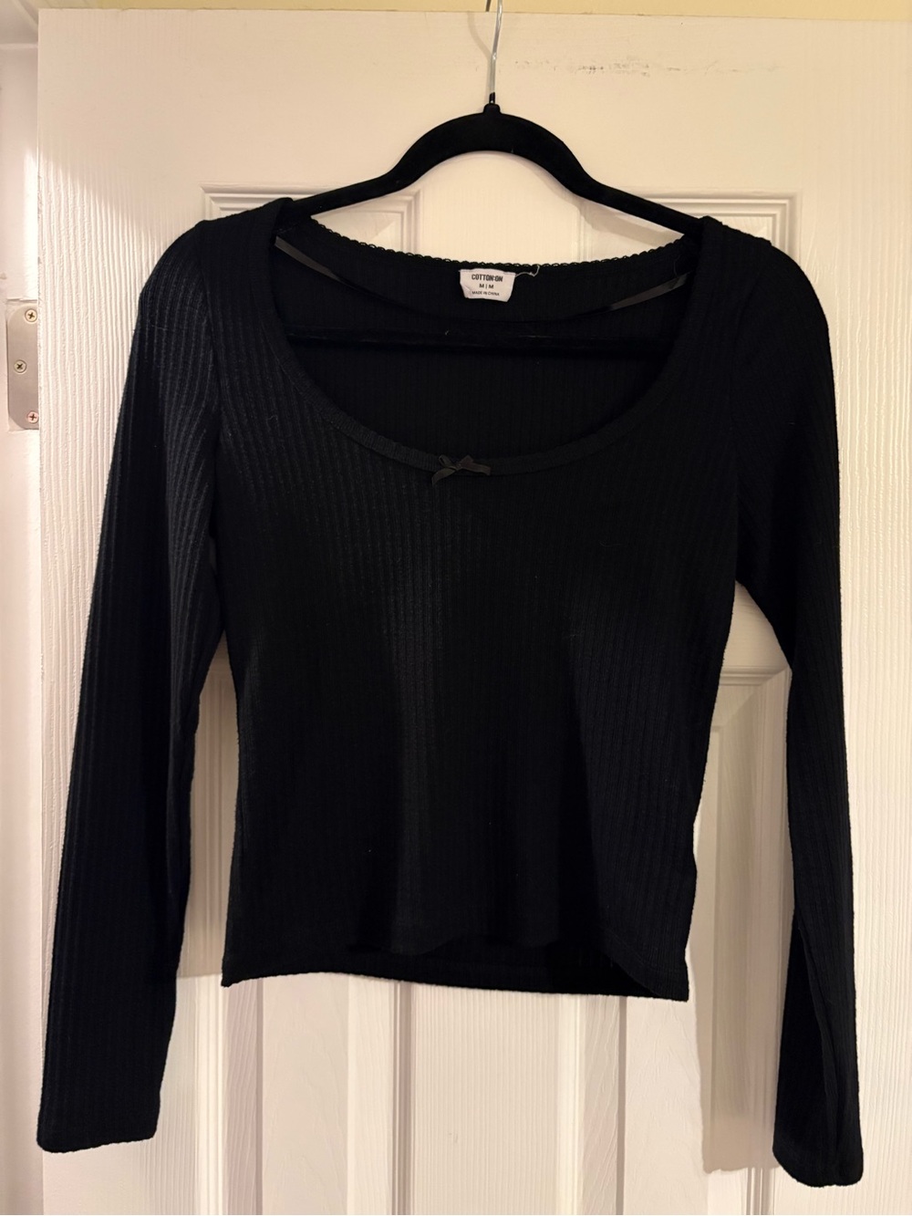 Cotton On Black Ribbed Long Sleeve Scoop Top with Bow